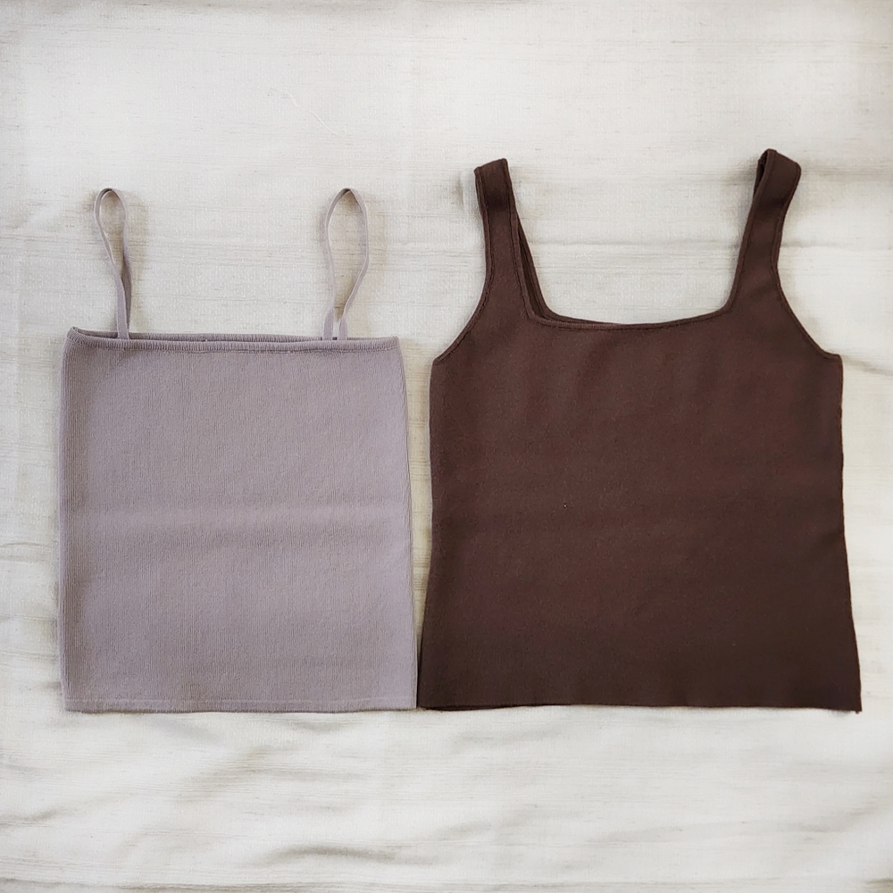 (2 pack) Squar Neck Fit Tank and Cami Top Dark Brown Nude